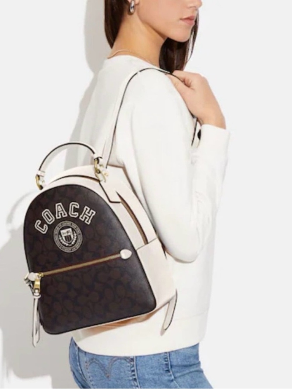 COACH Brown Signature Dome Backpack with Cream Trim